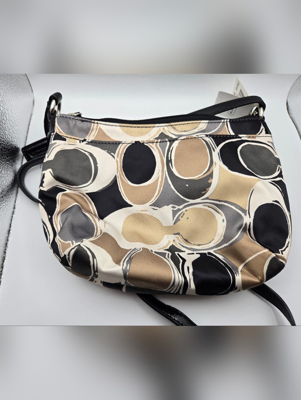 NWT Coach ASH Scarf Multicolor Neutral, Black & Tan Signature Circle C Crossbody - Picture 6 of 13